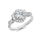 Hexagonal Halo Engagement Ring W/ Baguette Diamonds